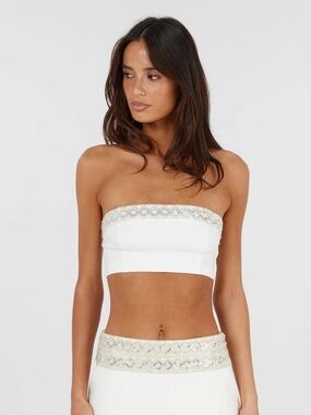 NWT AMELIE TOP WHITE SASHA THERESE Strapless Embellished SEQUIN BEADED Bandeau